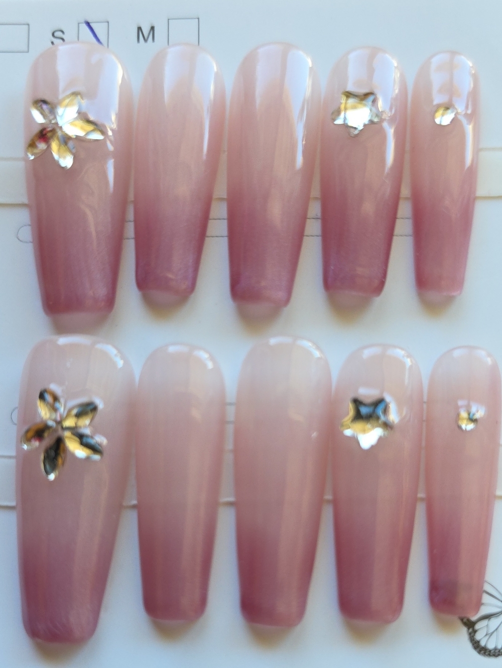 Pink Ombre Press-On Nails with Floral Rhinestones Size Small